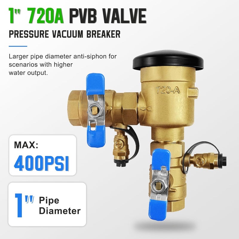 LTLUO UPGRADED 1" 720A Pressure Vacuum Breaker Assembly, Metal Top Cover, Thickened Brass Backflow Preventer Valve, Back Siphon Valves for Irrigation System, Use Sealant Instead of Teflon Tape, MAX 400PSI - Image 2